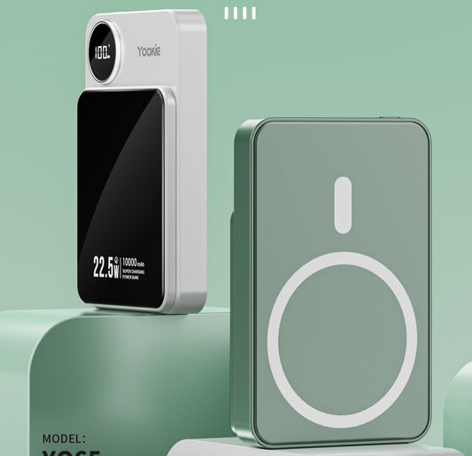 Yookie magnetic power bank on a green background