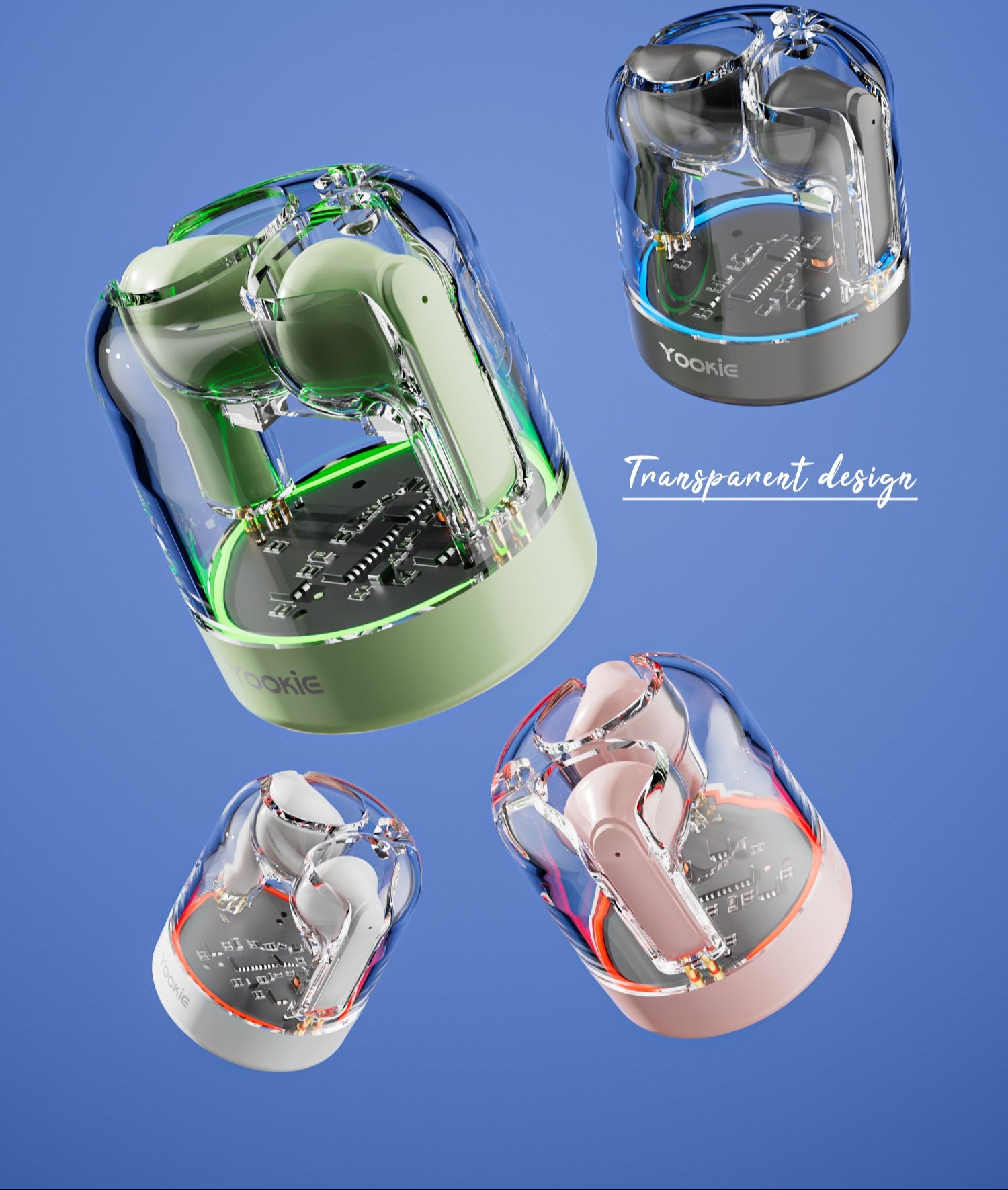 Transparent earbuds with colorful design on a blue background, featuring Yookie branding.